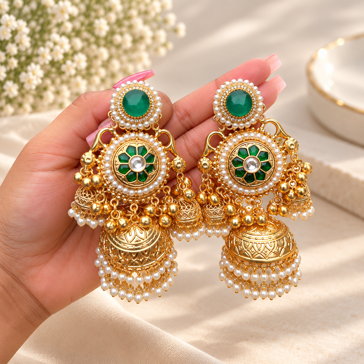 Emerald Maharani Heritage Jhumka Earrings